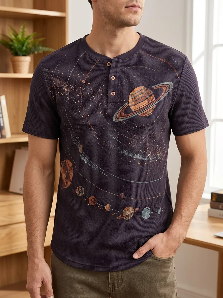 Men's Everyday Space Astronomy Solar System Henley T-Shirt