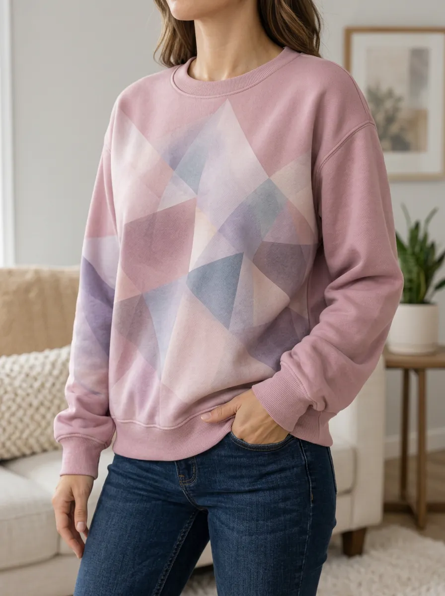 Women's Geometric Art Pink Pastel Printed Fleece Sweatshirt