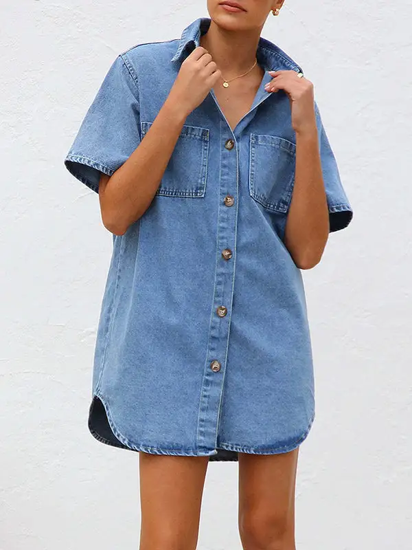 Relaxed Short Sleeve Split Joint Lapel Mini Dress Shirt Dress