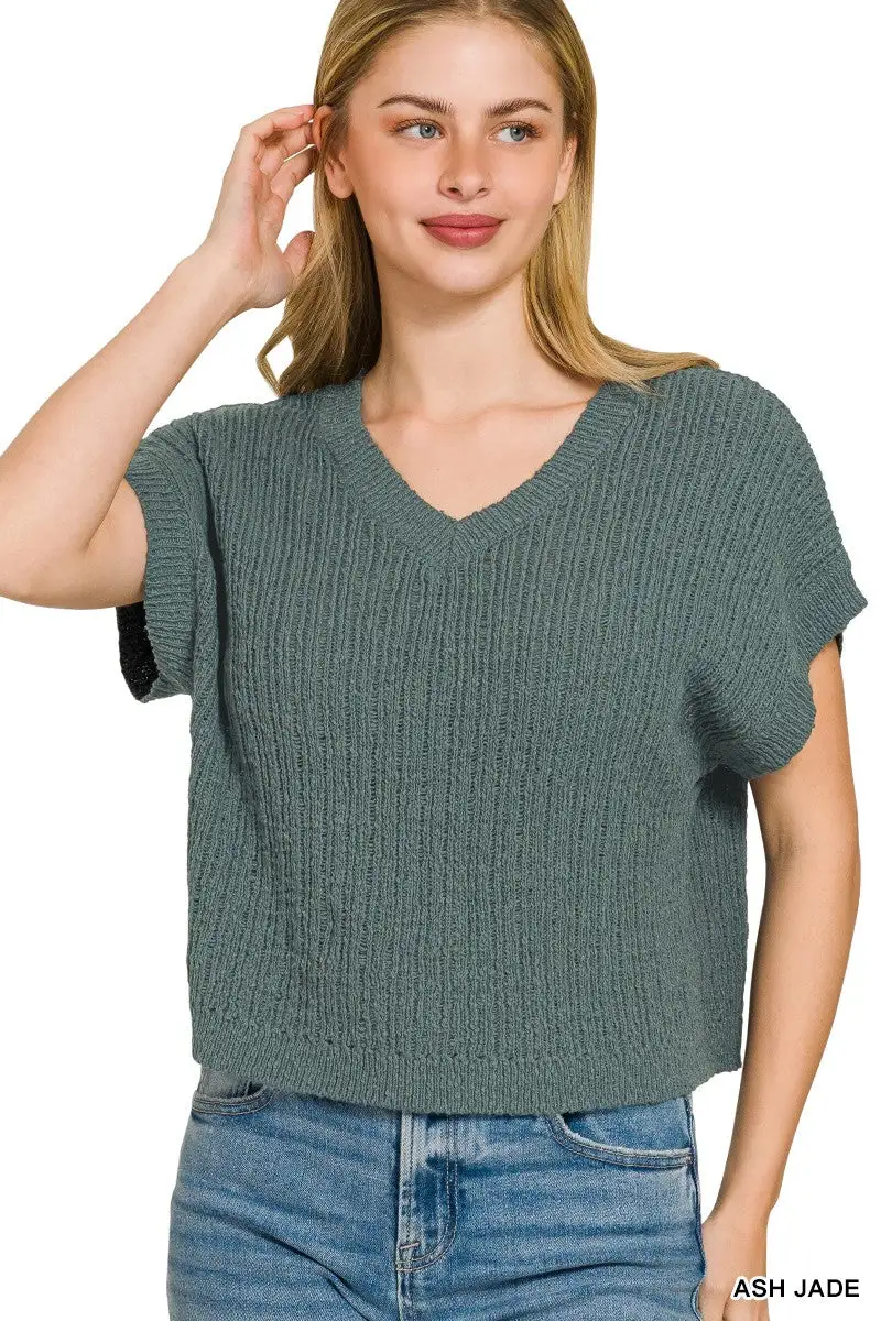 Textured Textured Knit V-Neck Cropped Sweater