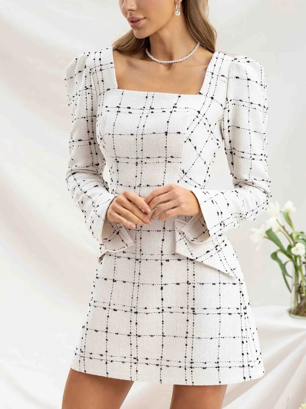 Tweed Grid Pattern Square Neck Mini Dress
