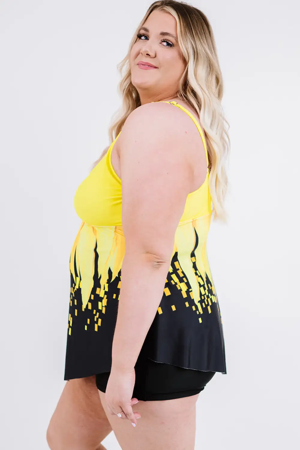 Swimwear Floral Color Block Criss Cross Plus Size Tankini Set