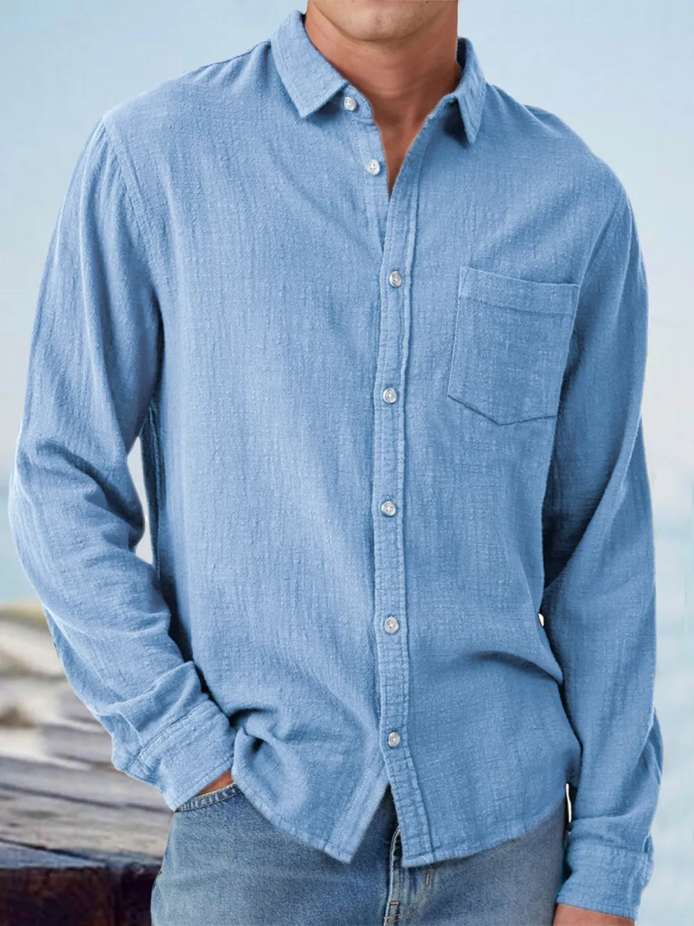 Everyday Long Sleeve Open Collar Pocket Shirt
