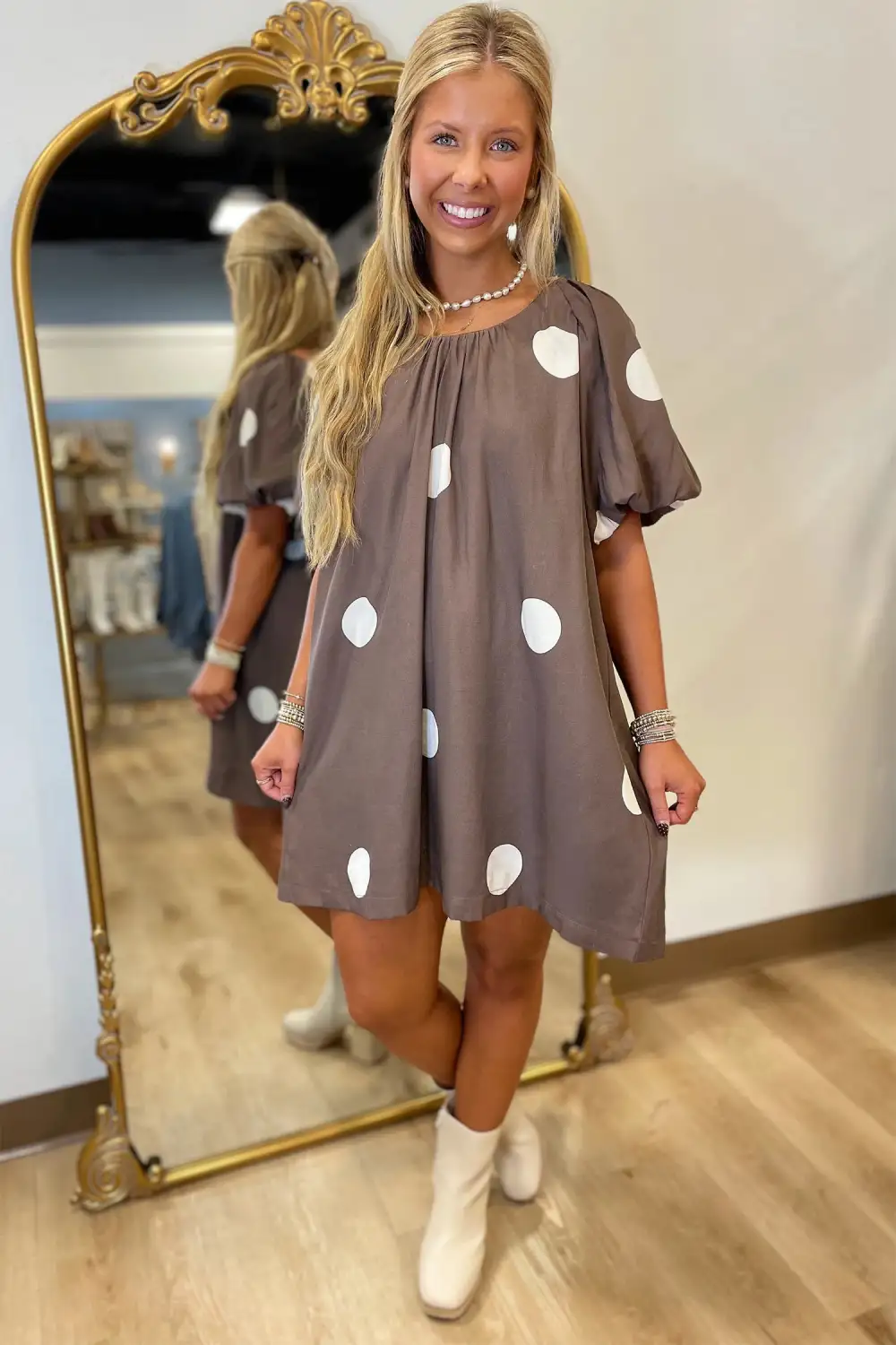 Polka Dot Printed Puff Sleeve Mini Dress