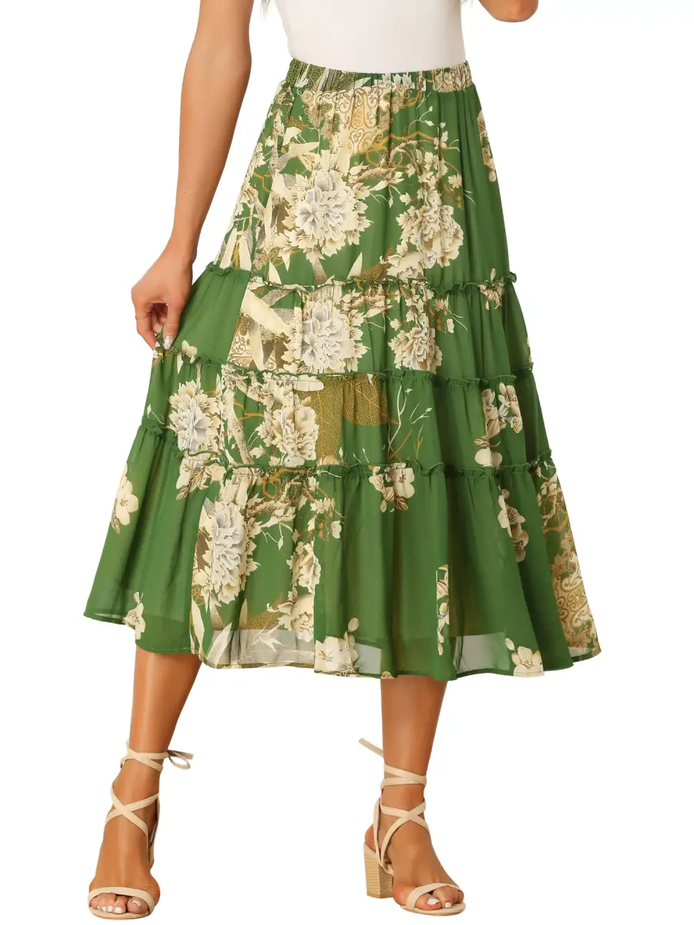 Chiffon Floral-Print Long Tiered Ruffle Boho Midi Skirt