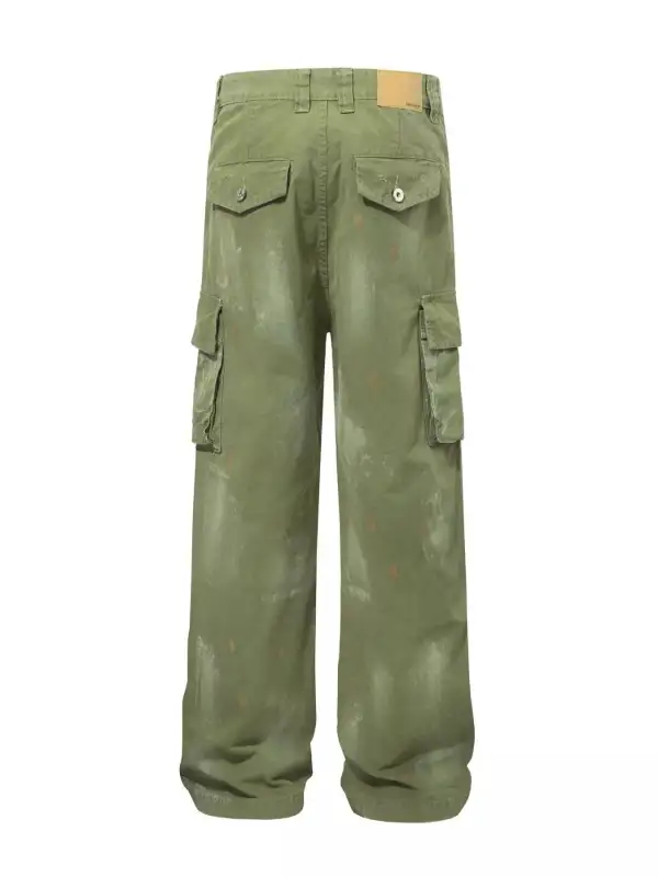 Men's Distressed Cargo Pants with Paint Splatter
