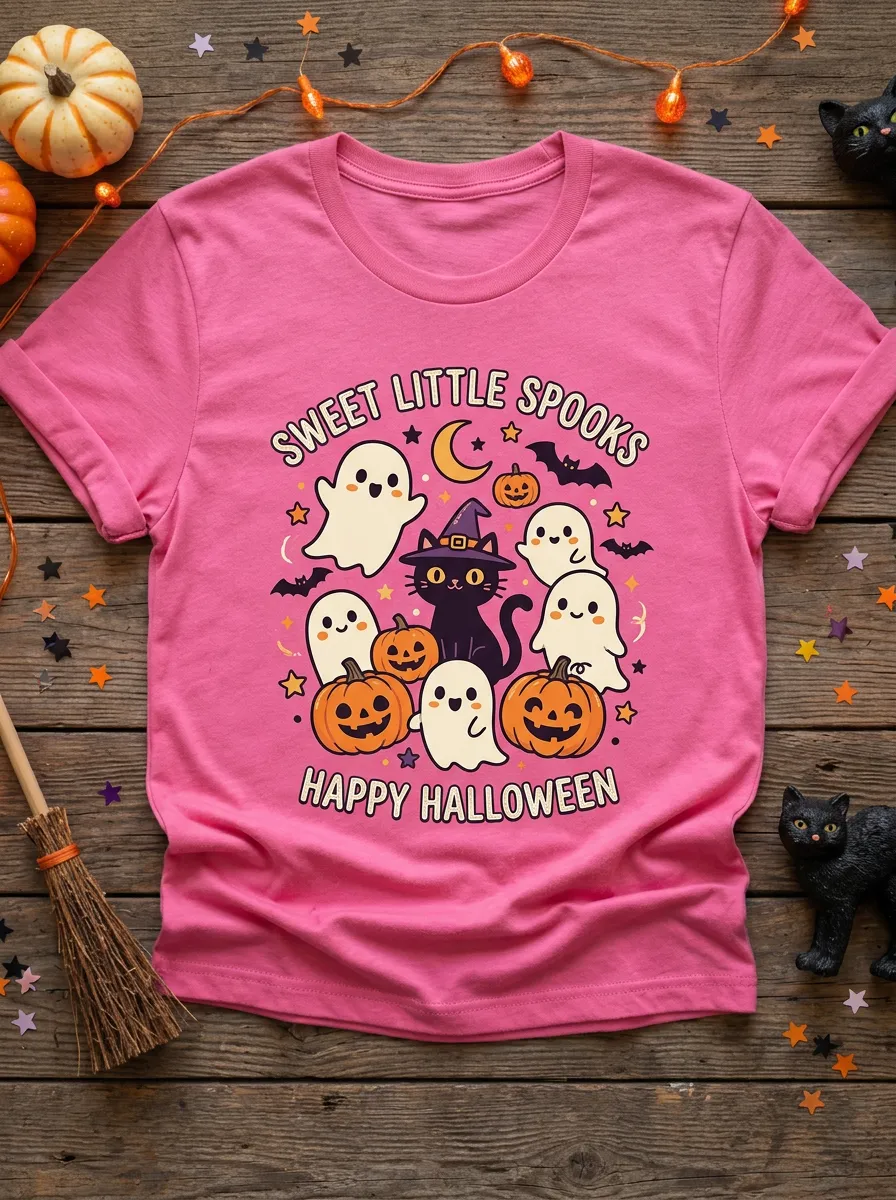 Ghost Pumpkin Cat Halloween Graphic T-Shirt