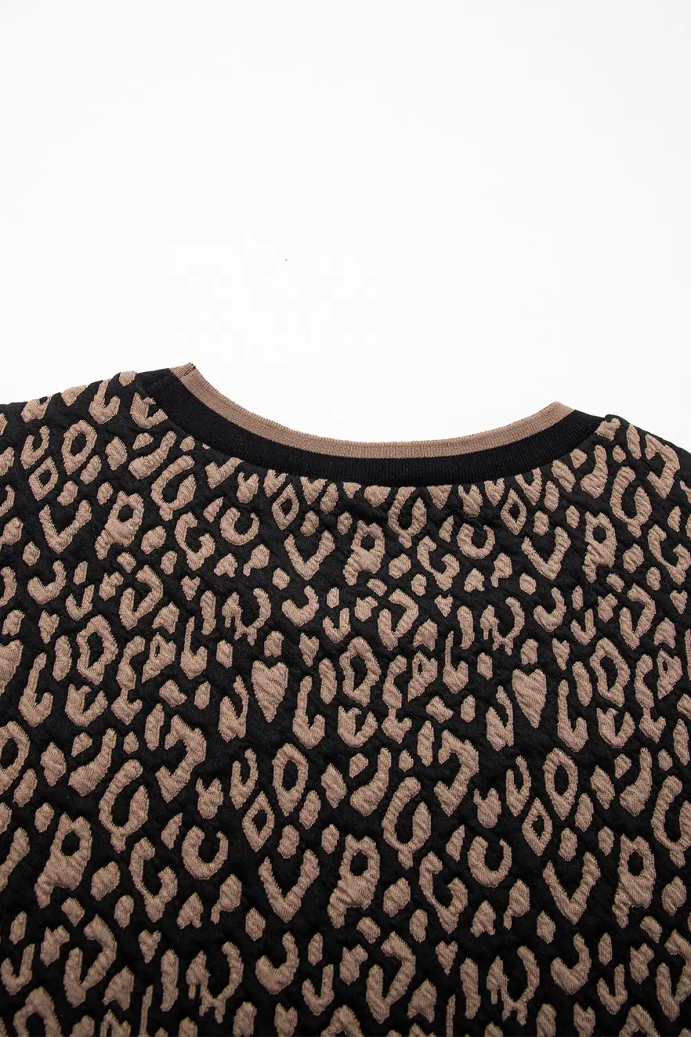 Black Leopard Print Puffy Bracelet Sleeve Contrast Trim Round Neck Top
