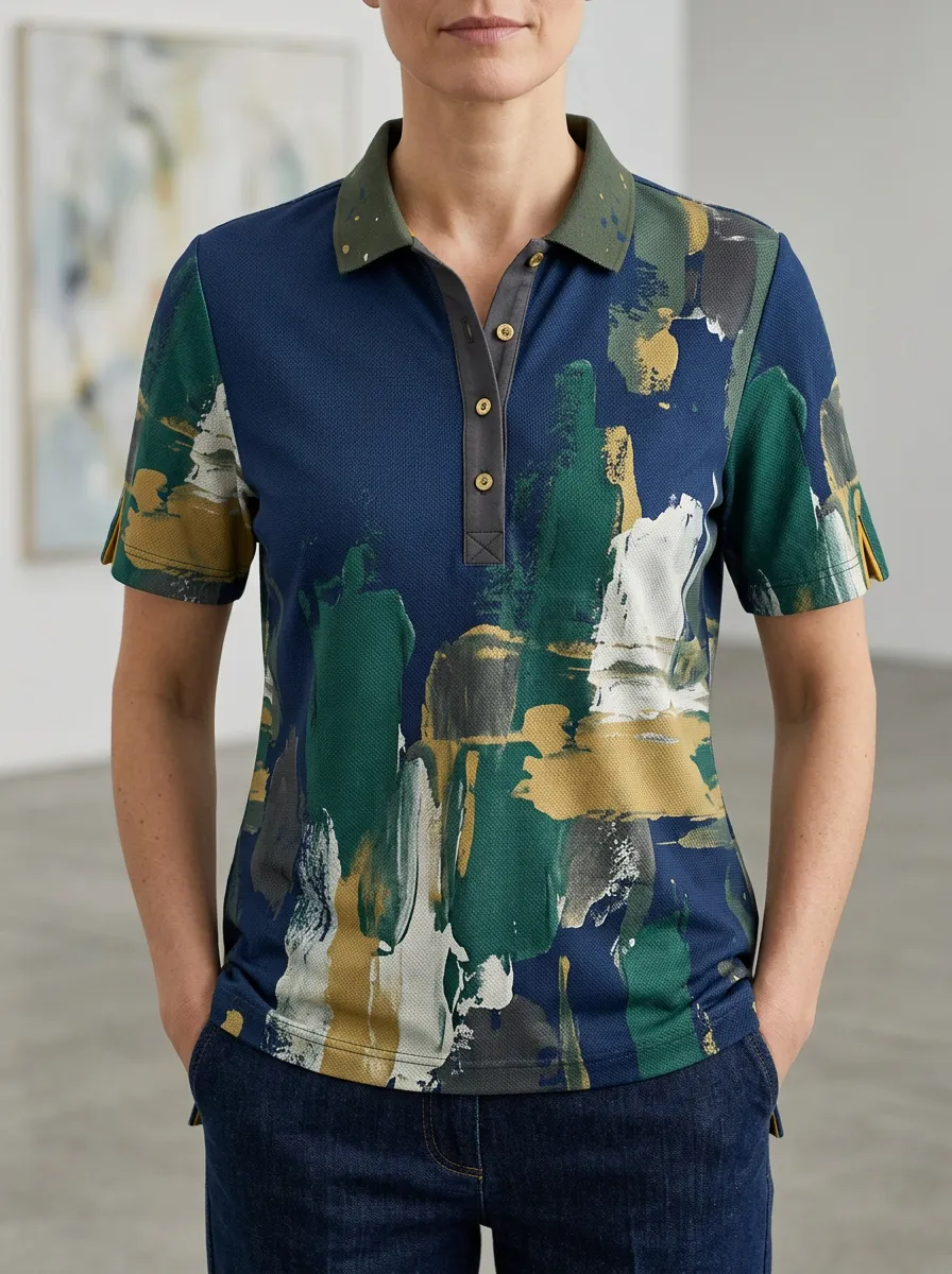 Women's Abstract Brushstroke Pattern Printed Polo Shirt