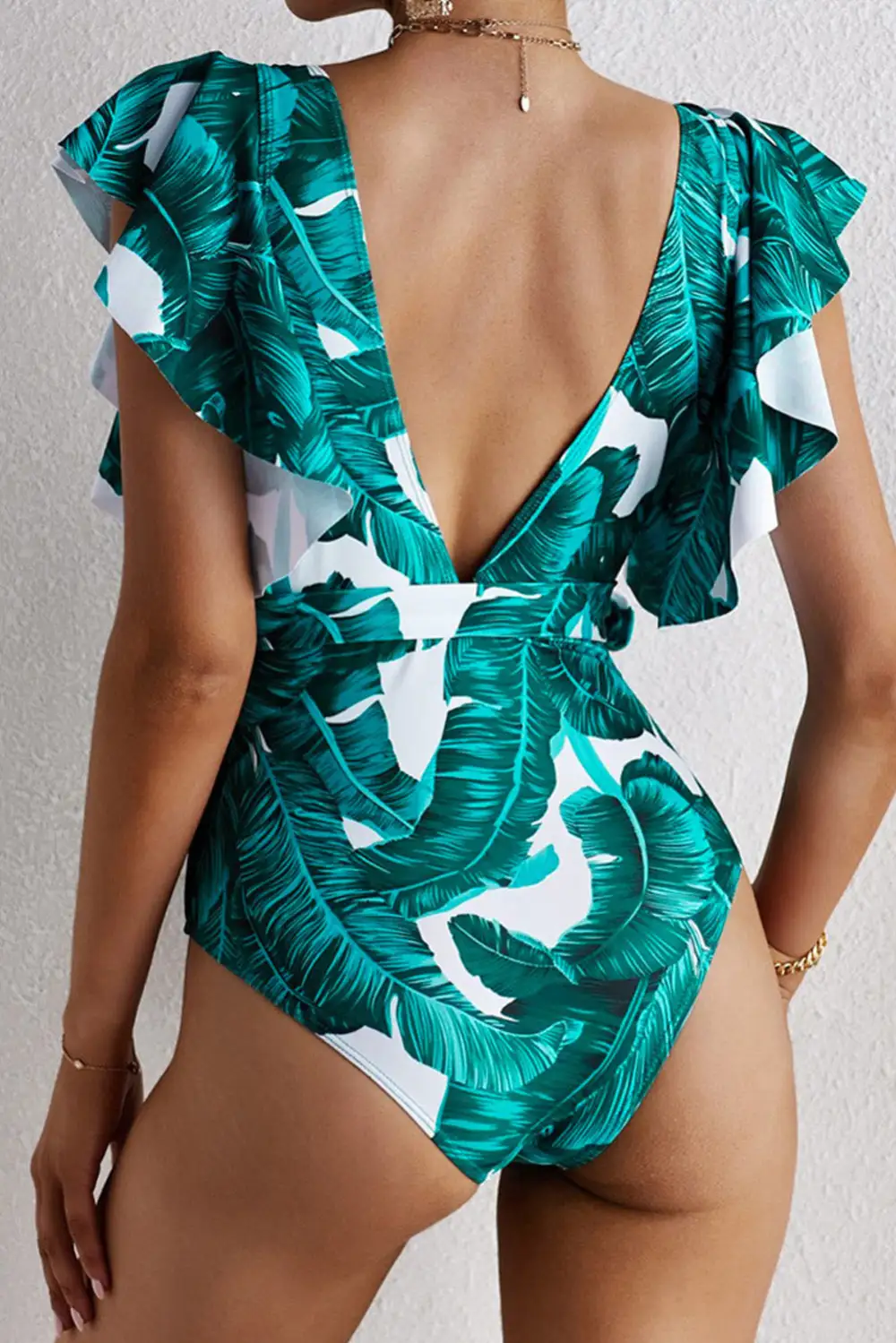 Sexy Deep V Neck Floral Print Ruffles One Piece Swimwear