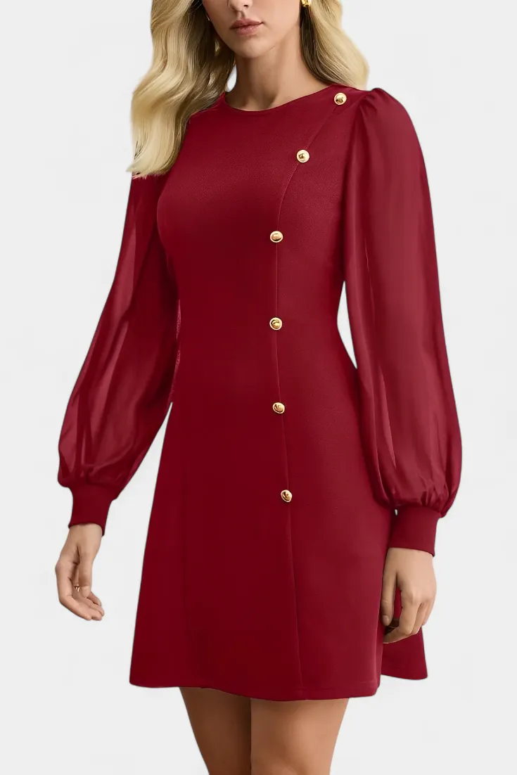 Buttoned Long-Sleeve Midi Dress