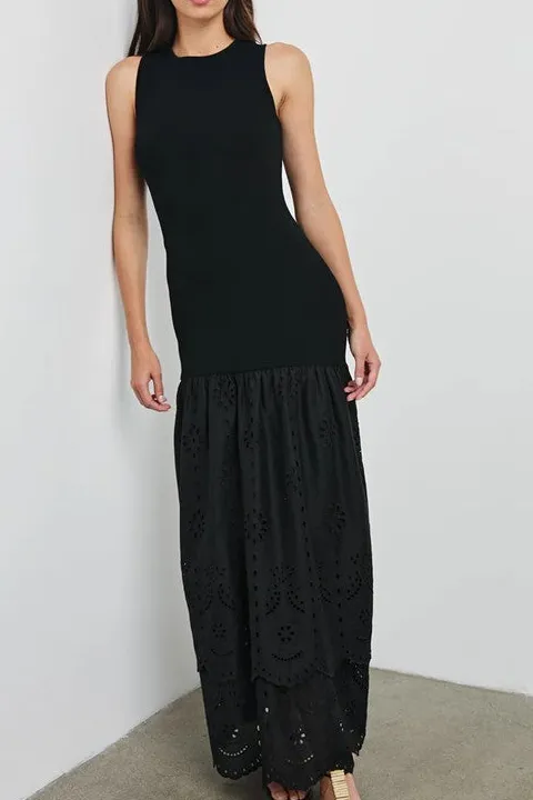 Women's Black Sleeveless Lace Hem Maxi Dress