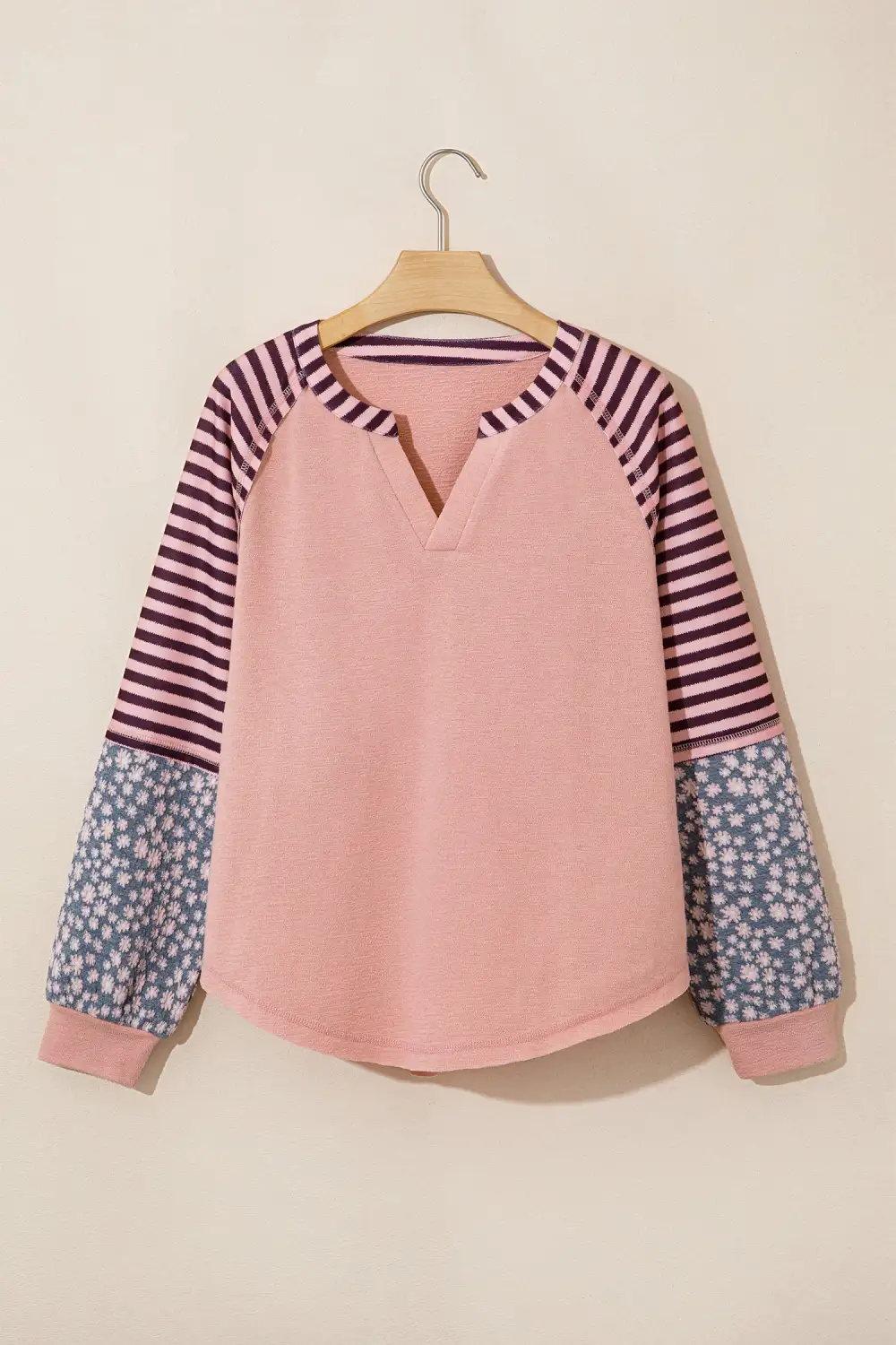 Floral Print V Neck Relaxed Cotton Blend Long Sleeve Top