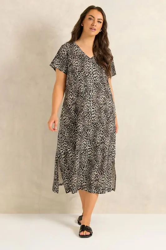 Natural Brown Leopard Print Cotton Dress
