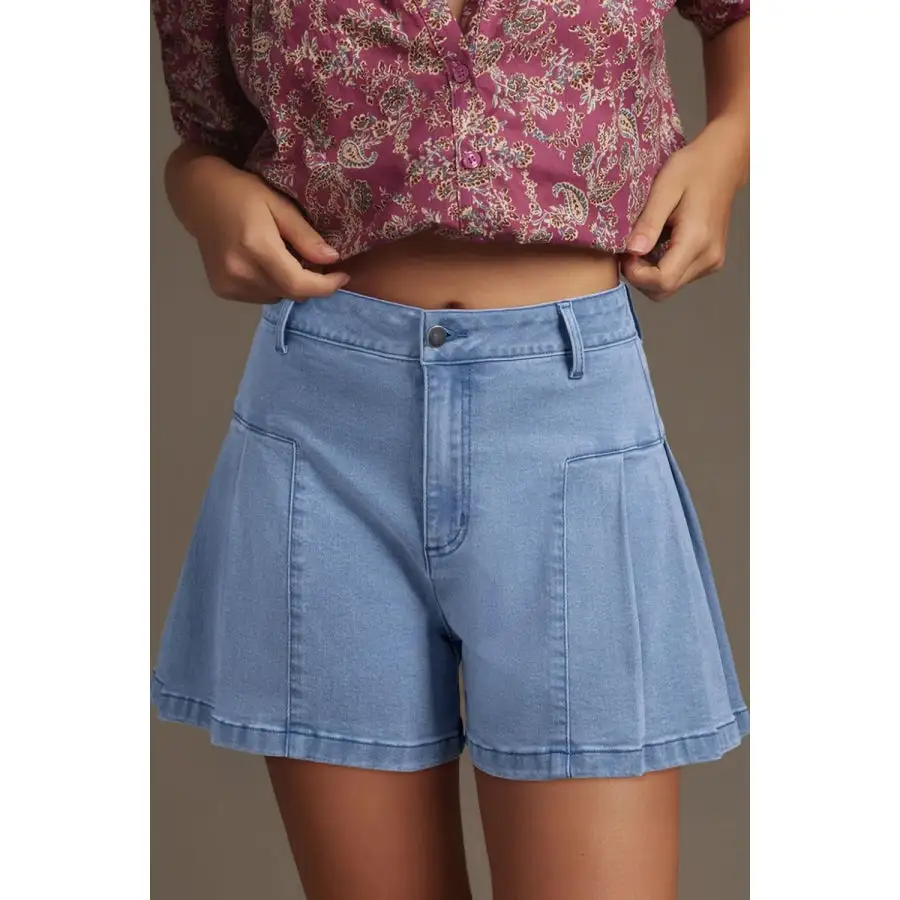 Pleated Patchwork Panel Lightweight Denim Shorts