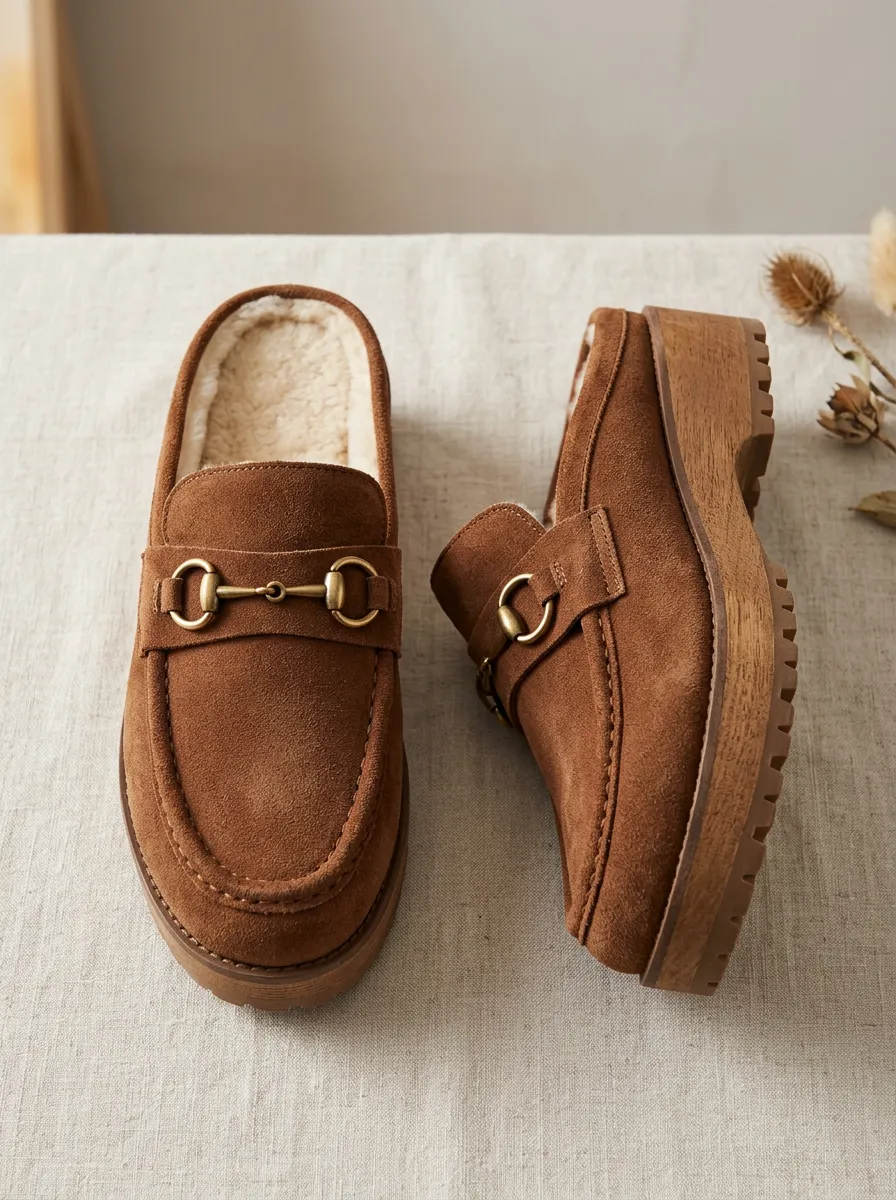 Women's Faux Fur Lined Metal Detail Platform Suede Wood Sole Loafers