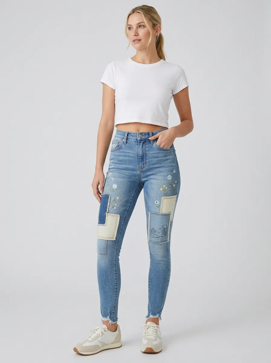 Women's Floral Patchwork Embroidered Printed Slim Jeans