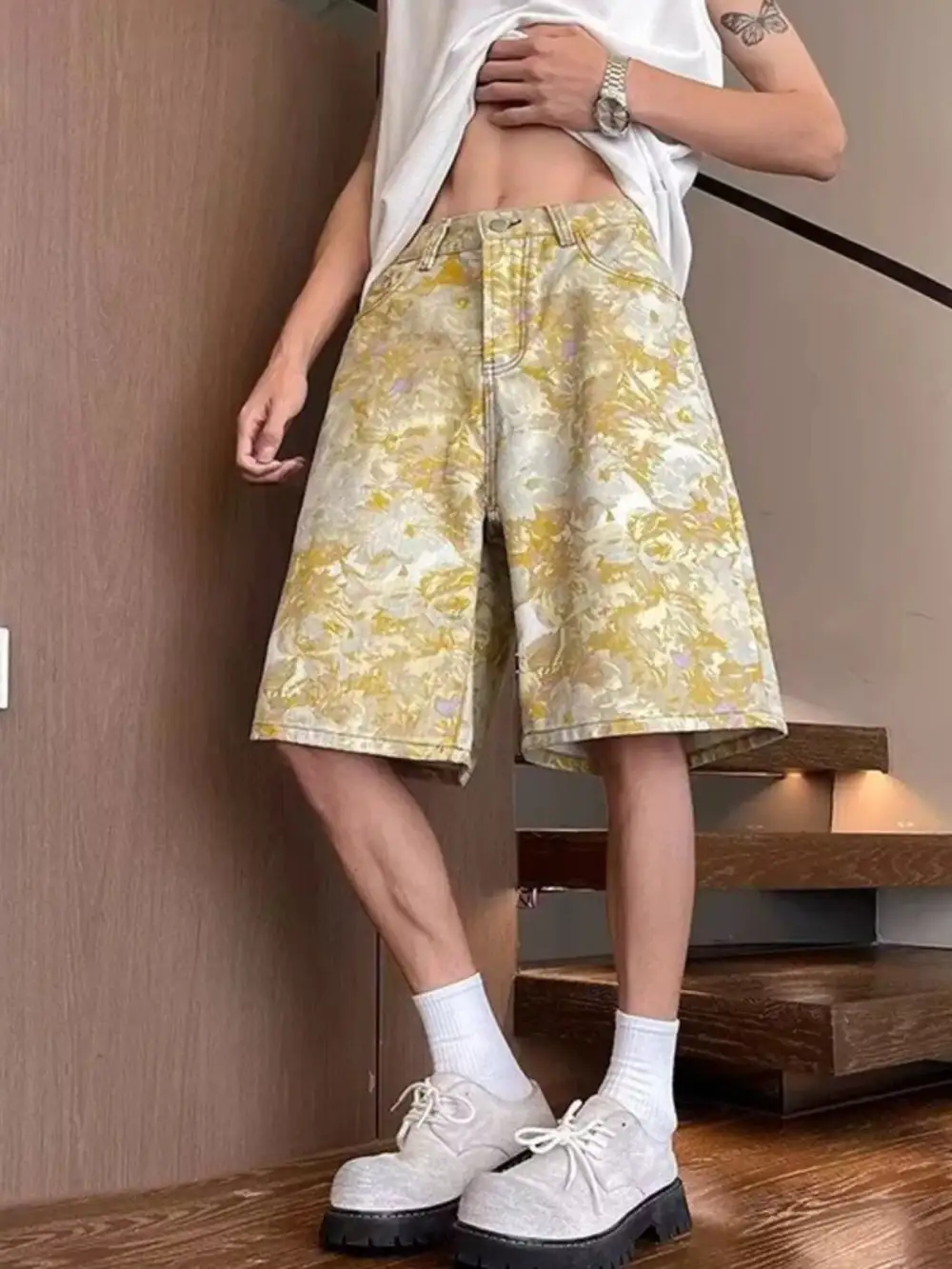 Men's Full Size Printed Wide Leg Denim Shorts