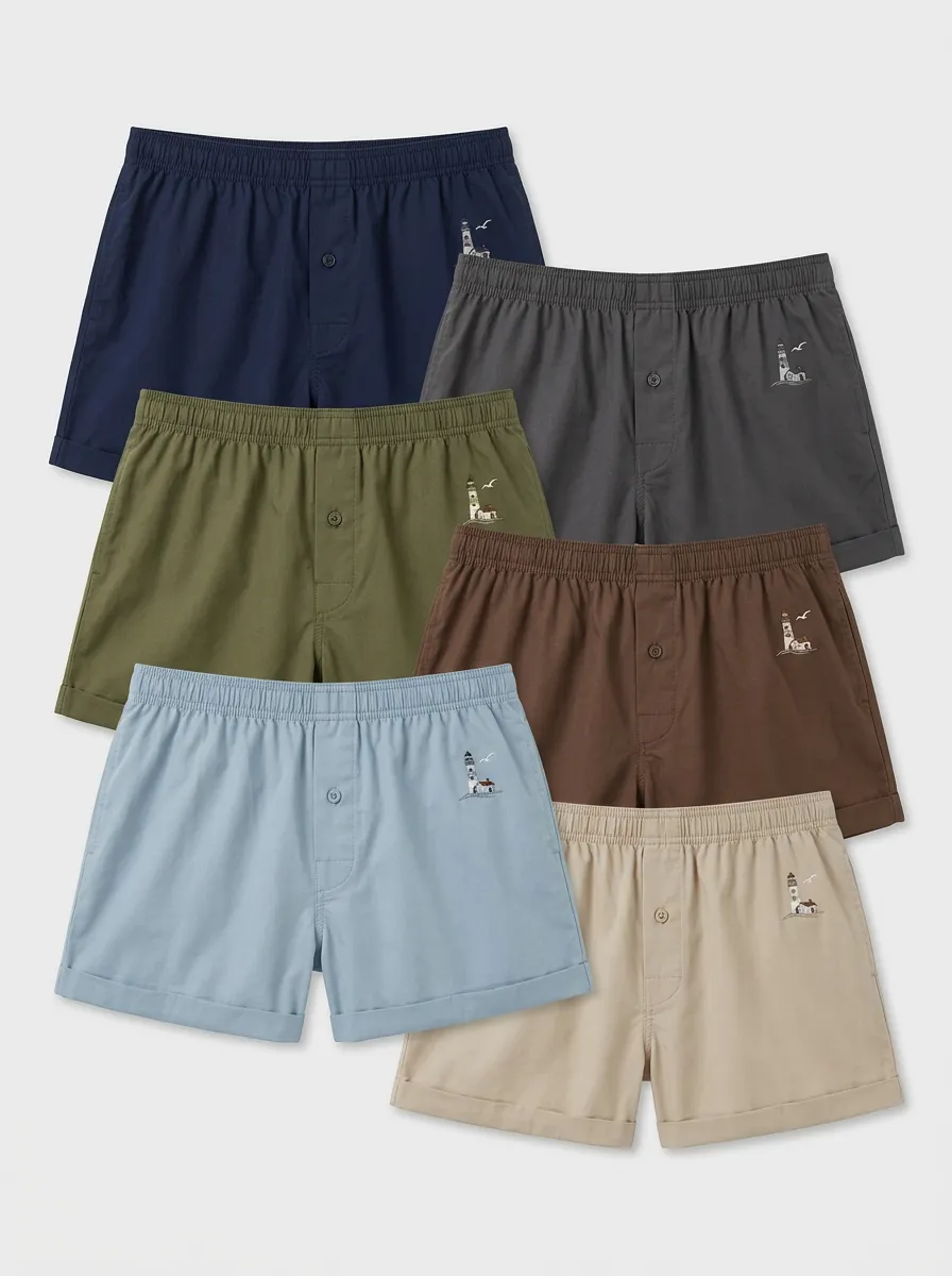 Men's Six-Pair Lighthouse Bird Embroidered Cuffed Boxer Short Set