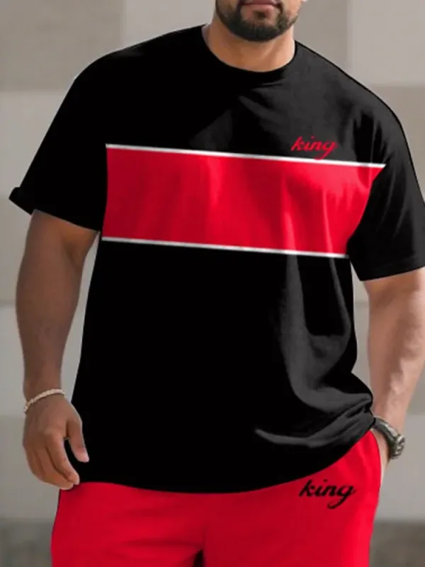 Men'S Plus Size Casual Classic Red & Black Color-Block Design Chest Small Label Printed Short-Sleeved T-Shirt Shorts Suit
