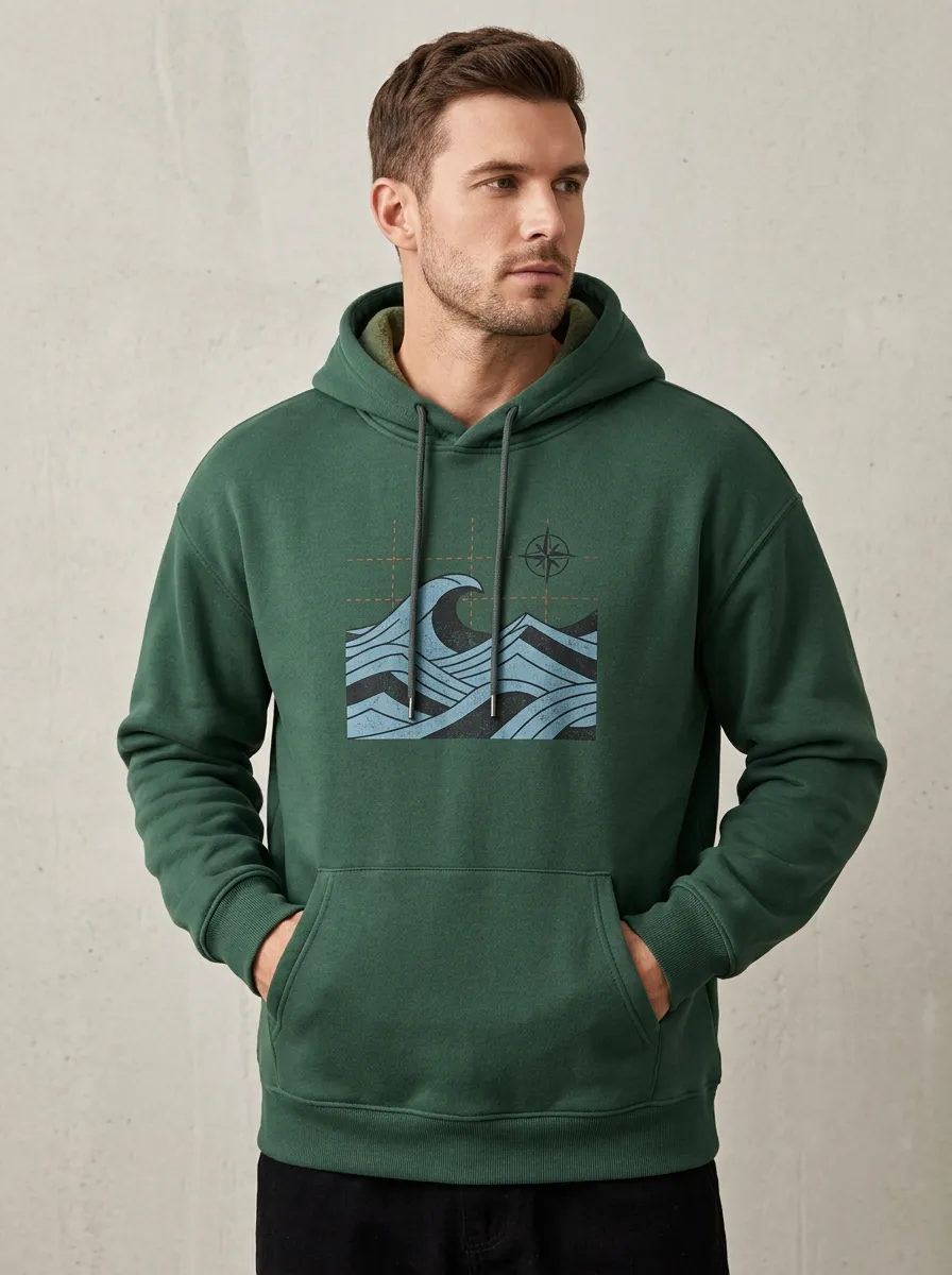 Men's Ocean Adventure Compass Wave Printed Hoodie