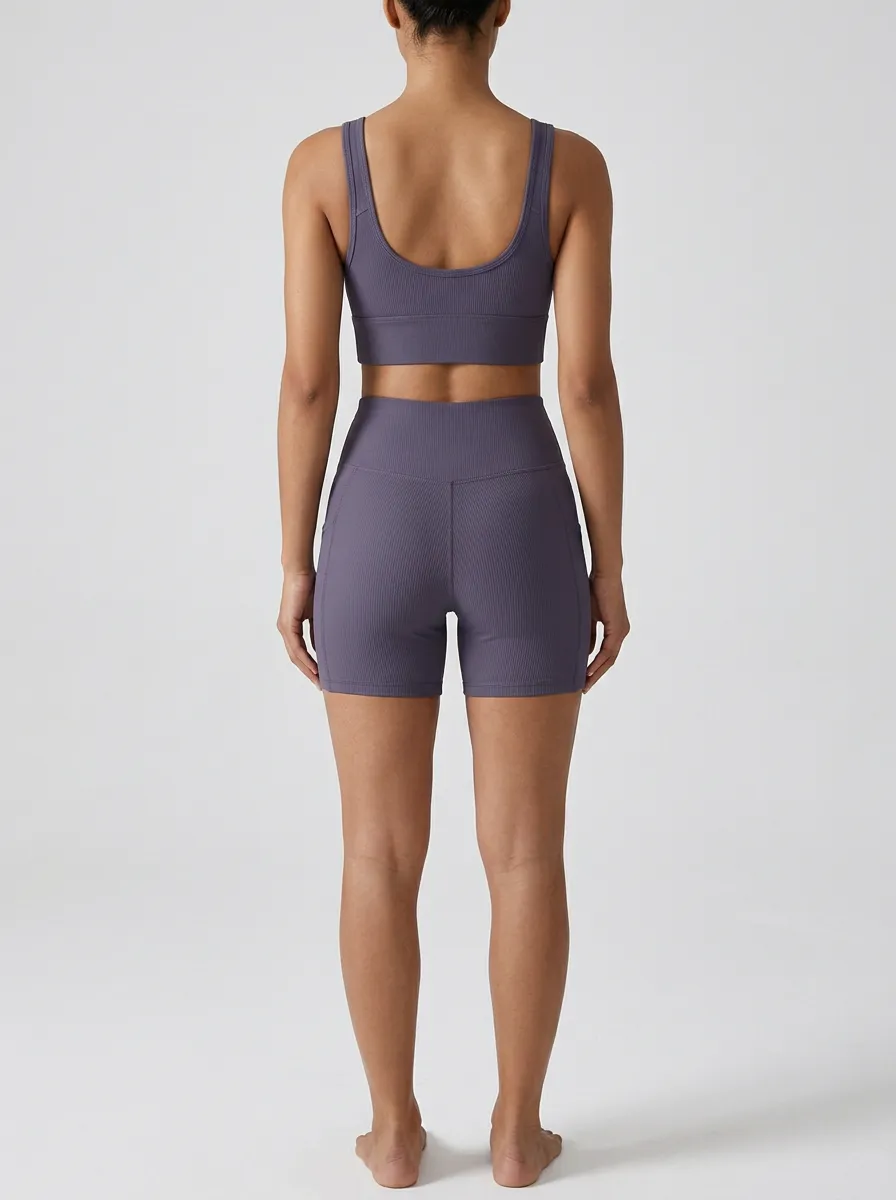 Weekend Ribbed Texture Seamless Design Collection Women's Tank Top And Sports Shorts Set
