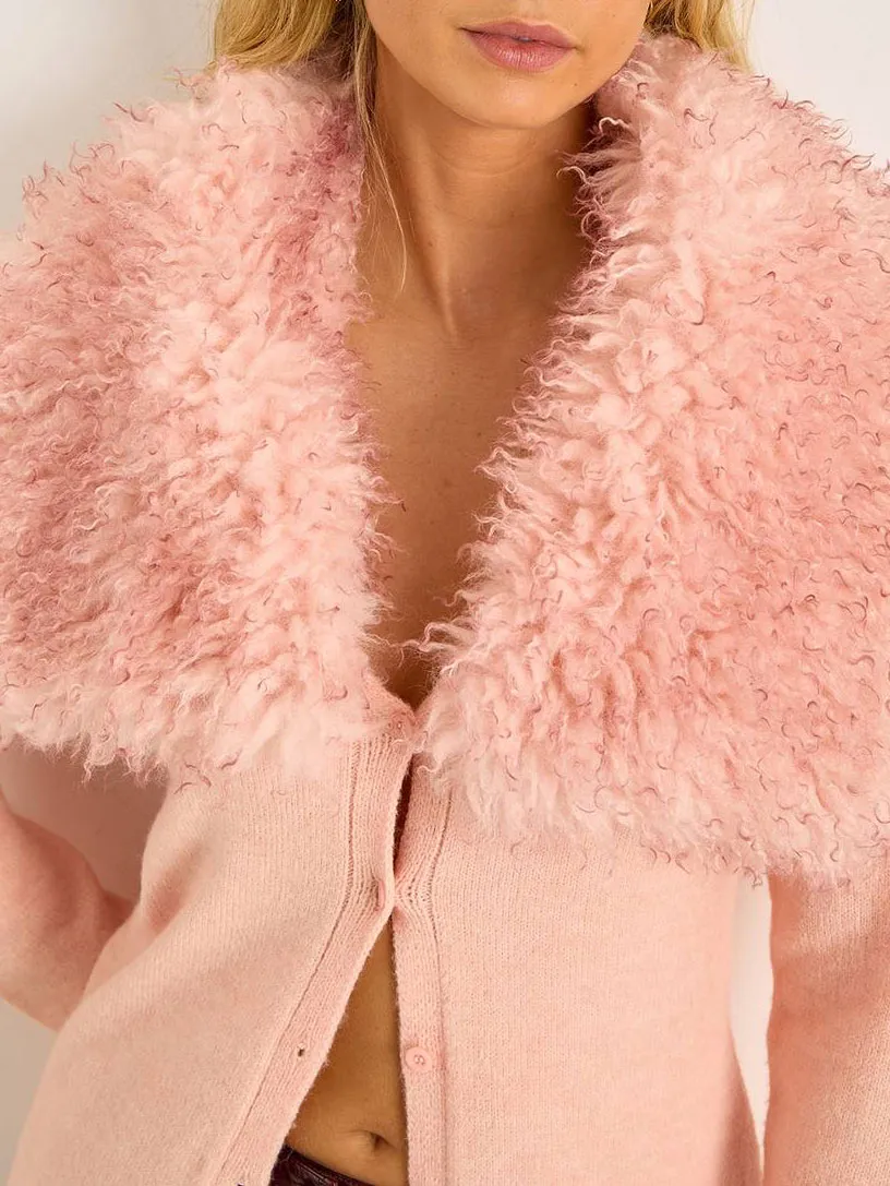 Women's Pink Fuzzy-Accent Wide-Collar Cardigan