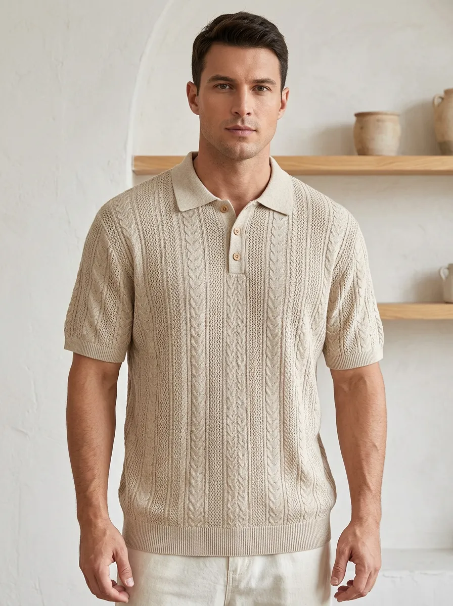 Men's Buttoned Cable-Knit Textured Knit Polo Shirt