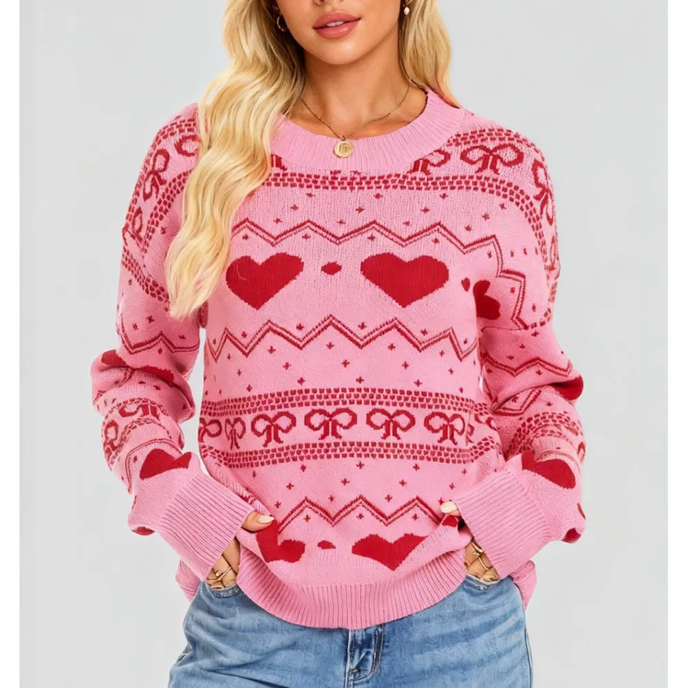 Valentine Heart and Bow Pattern Pullover Sweater