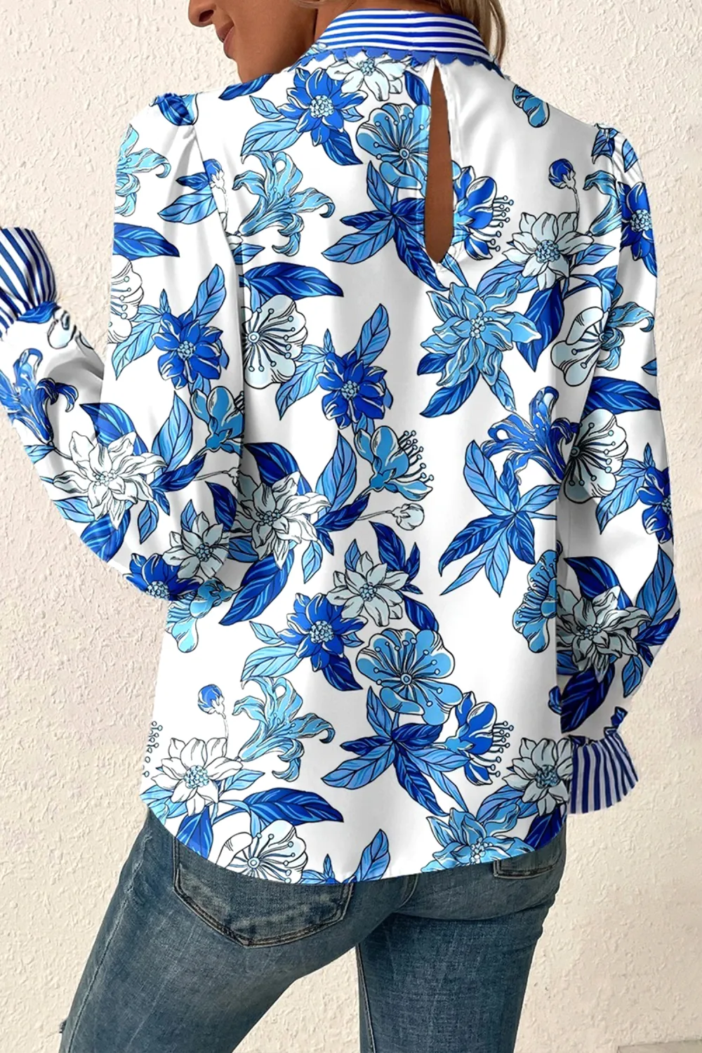 Sky Blue Floral Print Striped Blouse