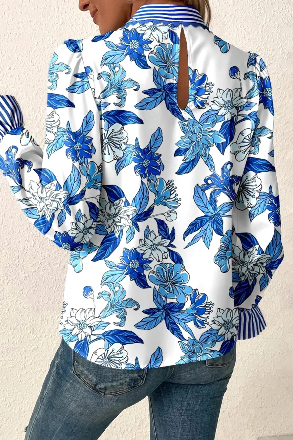 Sky Blue Floral Print Striped Blouse