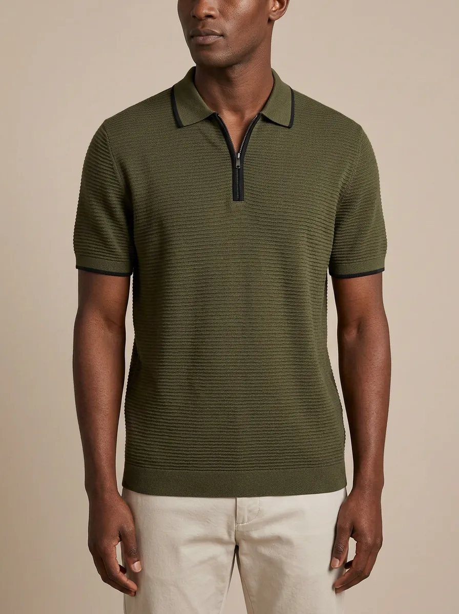 Ribbed Zip-Neck Men's Polo Shirt