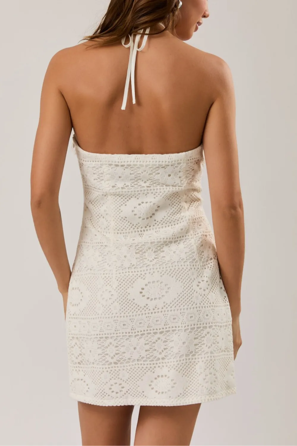 Halter Crochet Trim Mini Dress