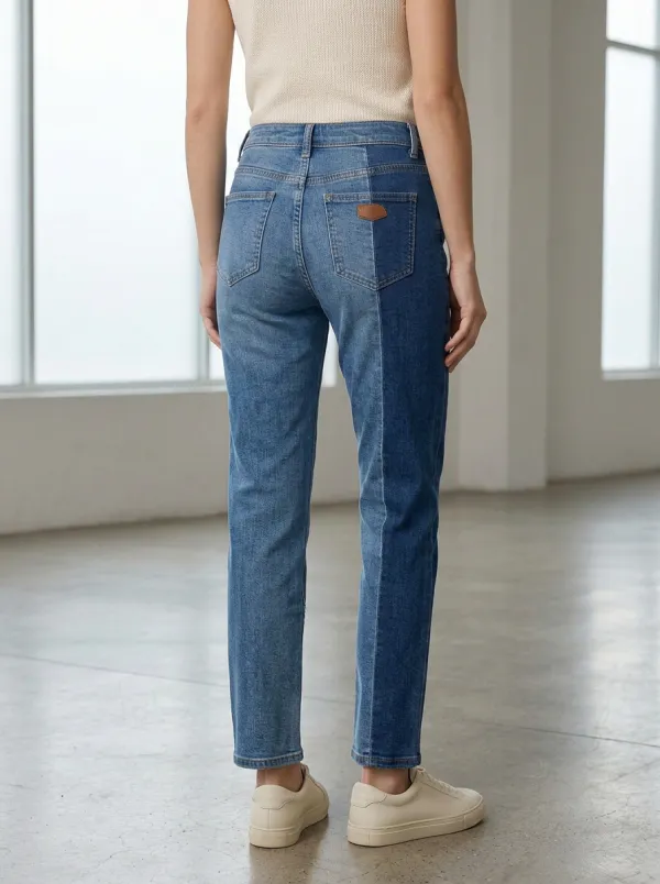 Women's Two-Tone Asymmetric Seam Stitched Denim Jeans