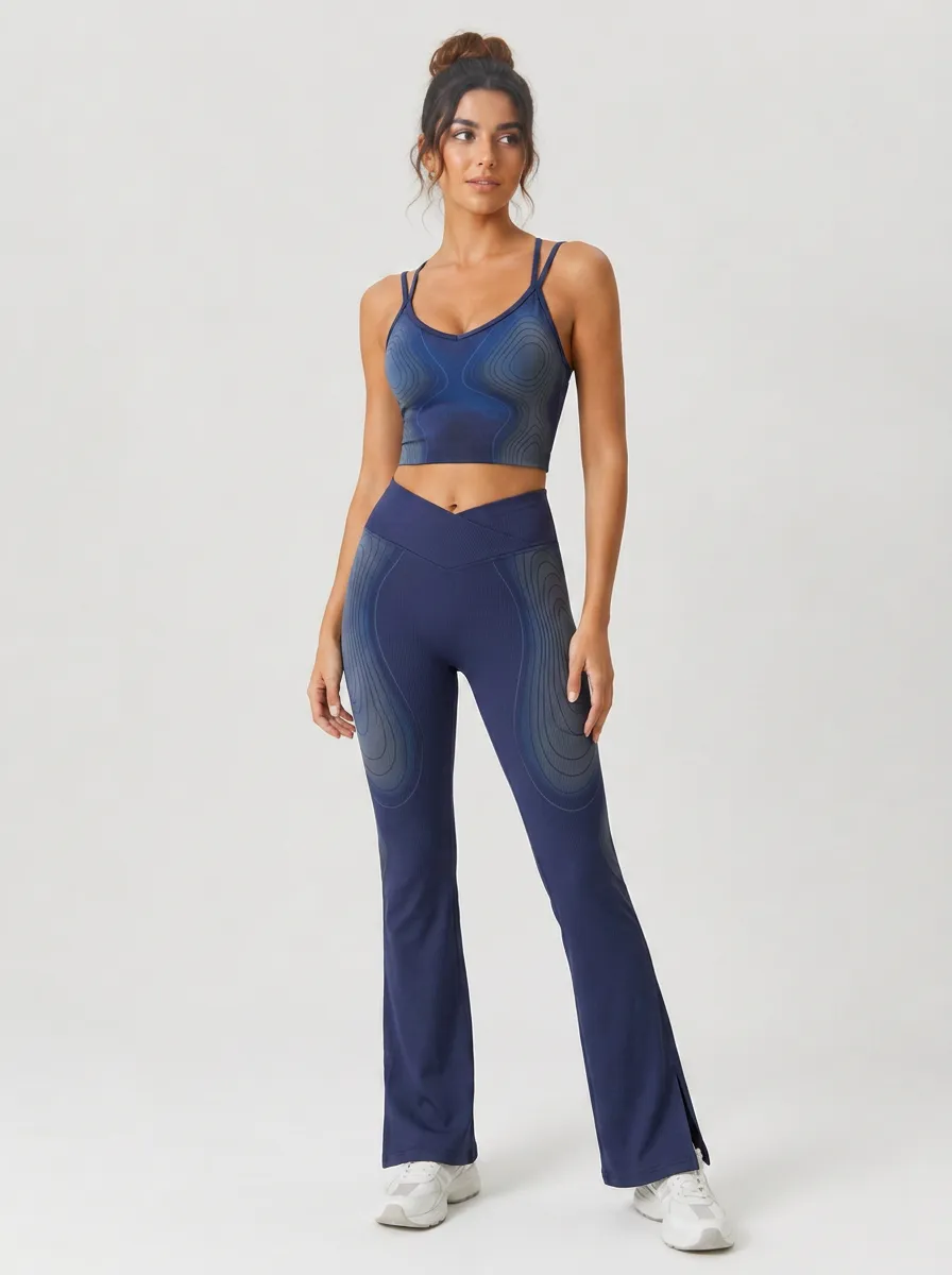Women's Yoga Fitness Blue Contour Printed Workout Set
