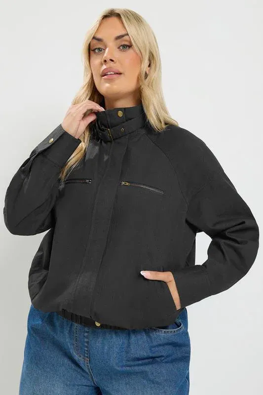 Black Funnel Neck Twill Shacket