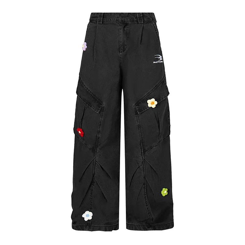 Multi Pocket Embroidered Floral Cargo Pants