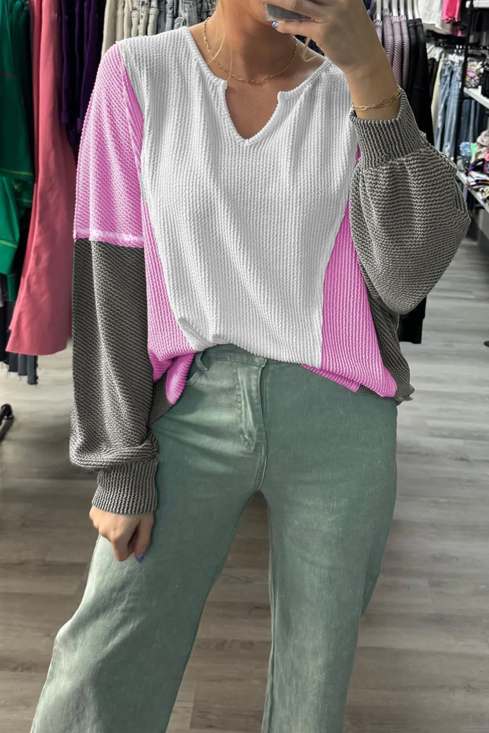 White Spiral Ribbed Raw Seam Top