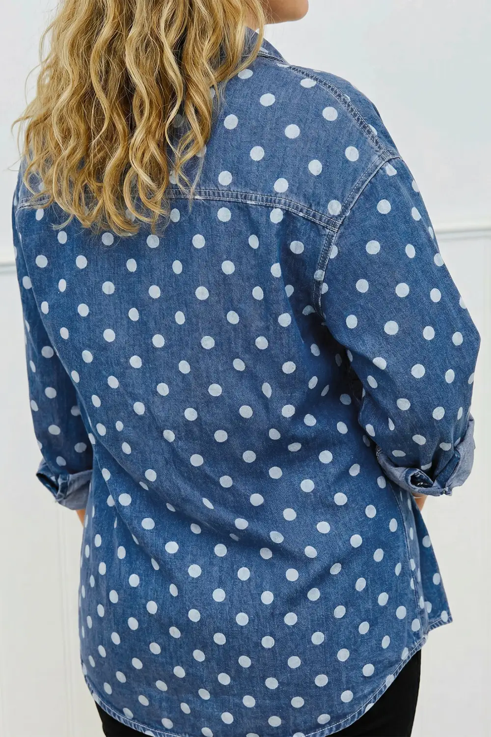 Women's Polka Dot Long Sleeve Collar Shift Tunic Denim Jacket