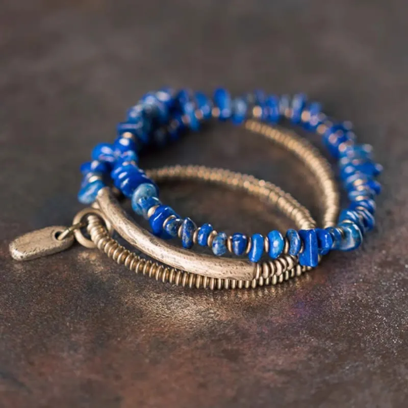 Irregular Shape Triple Wrap Lazurite Lapis Lazuli Bracelet
