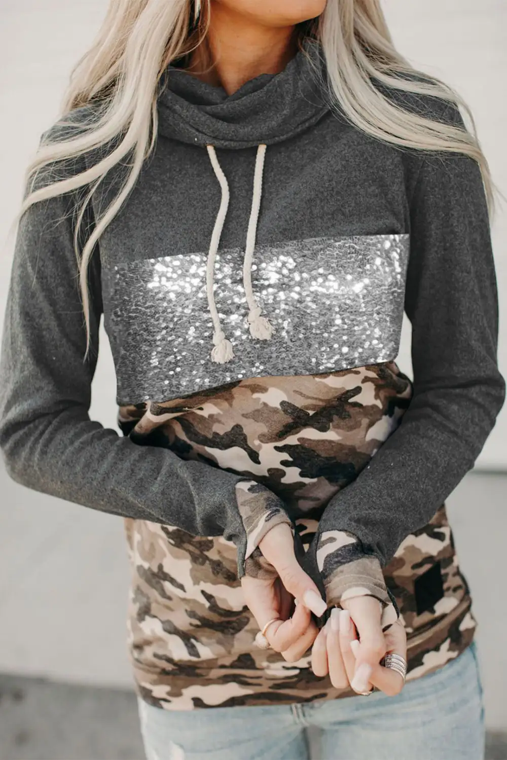 Cowl Neck Sequin Splicing Hoodie