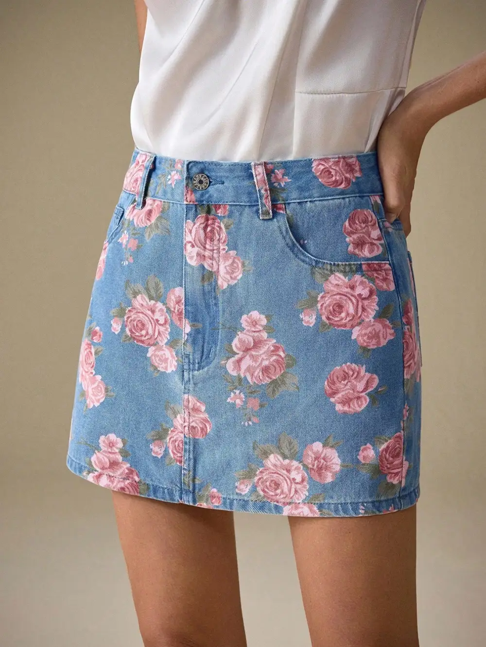 Denim Floral Print Pocketed Skirt