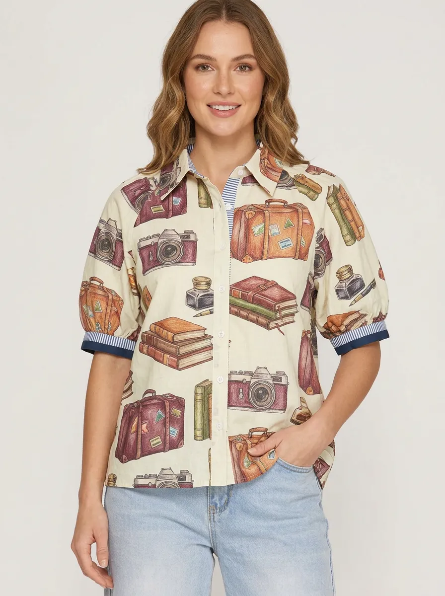 Women's Travel Enthusiast Camera Suitcase Book Printed Shirt