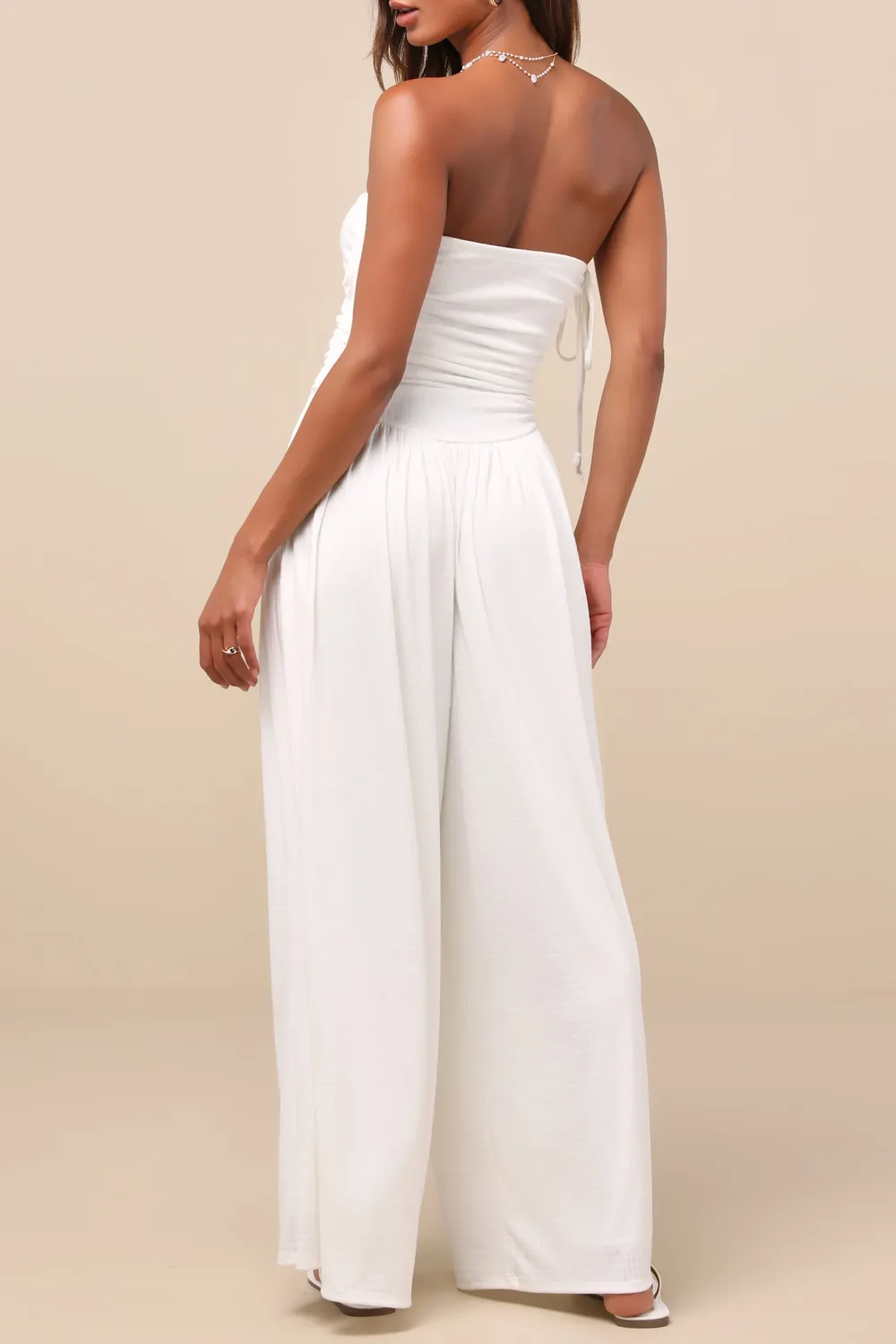 Casual Style Pointelle Strapless Wide-Leg Jumpsuit