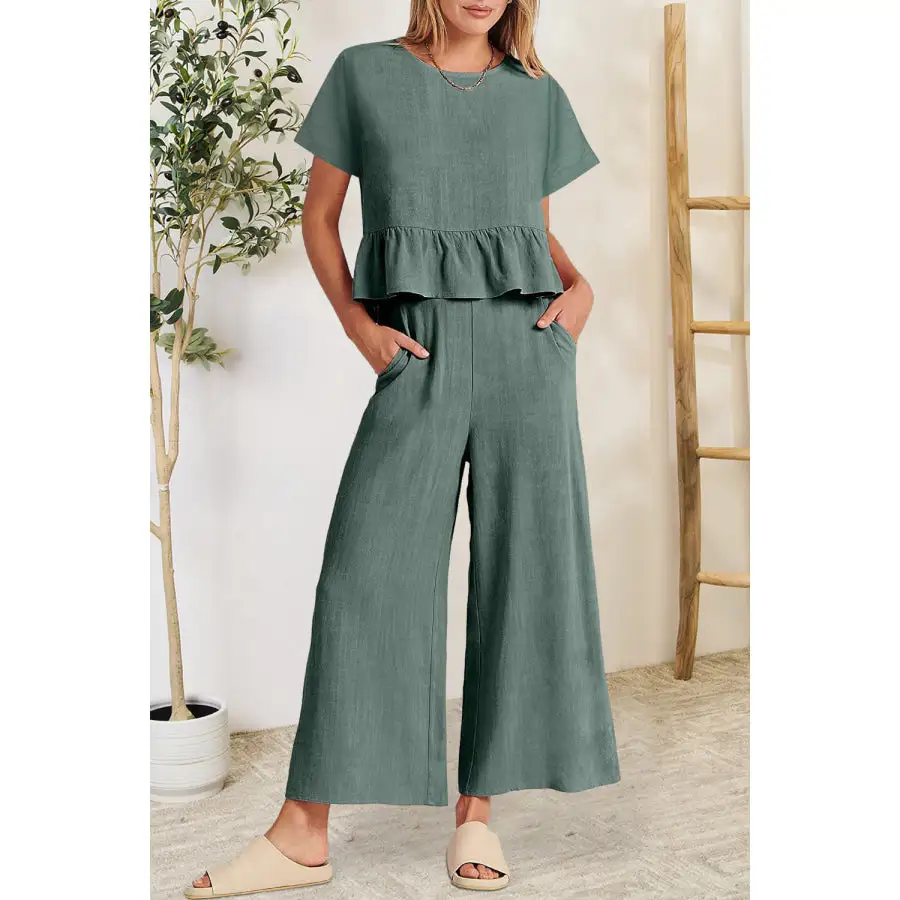Peplum Round Neck Short Sleeve Top and Pants Set