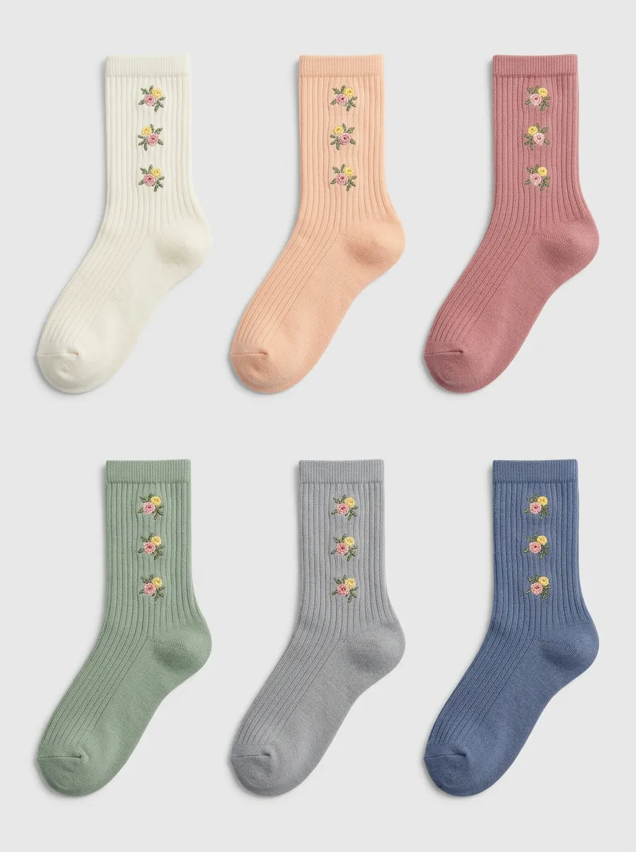 Women's Multicolor Floral Embroidered Ribbed Crew Socks 6-Pack