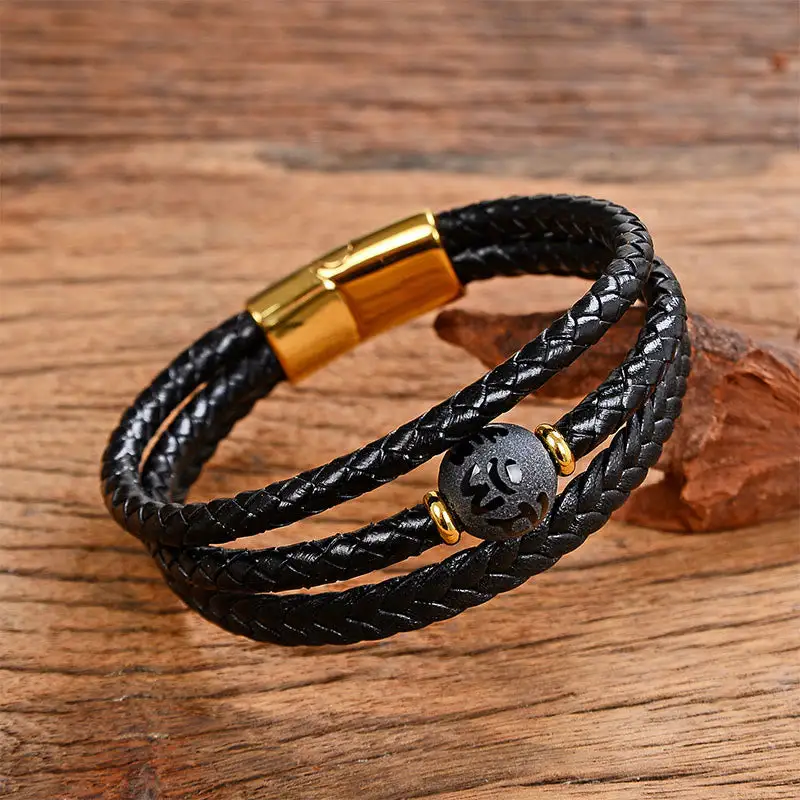 Bead Tiger Eye Amethyst Craved Leather Bracelet