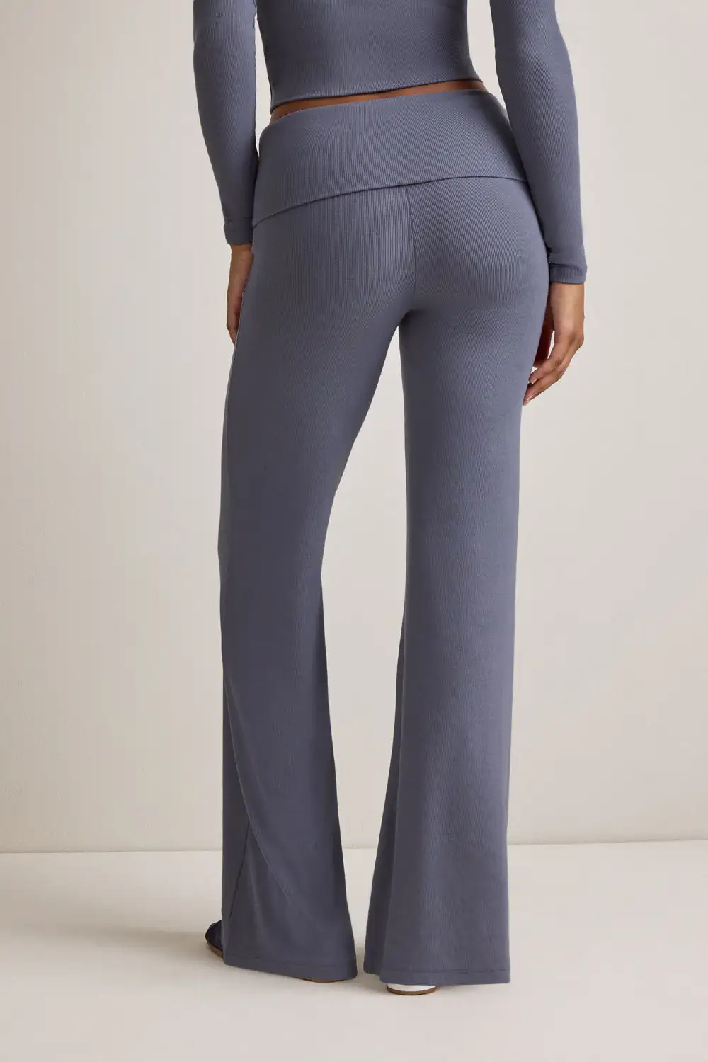 Ribbed Flare Fold Waist Trousers