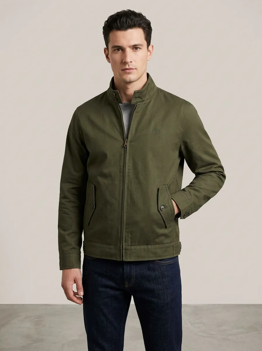 Men's Casual Outdoor Olive Green Embroidered Logo Zip-Up Jacket