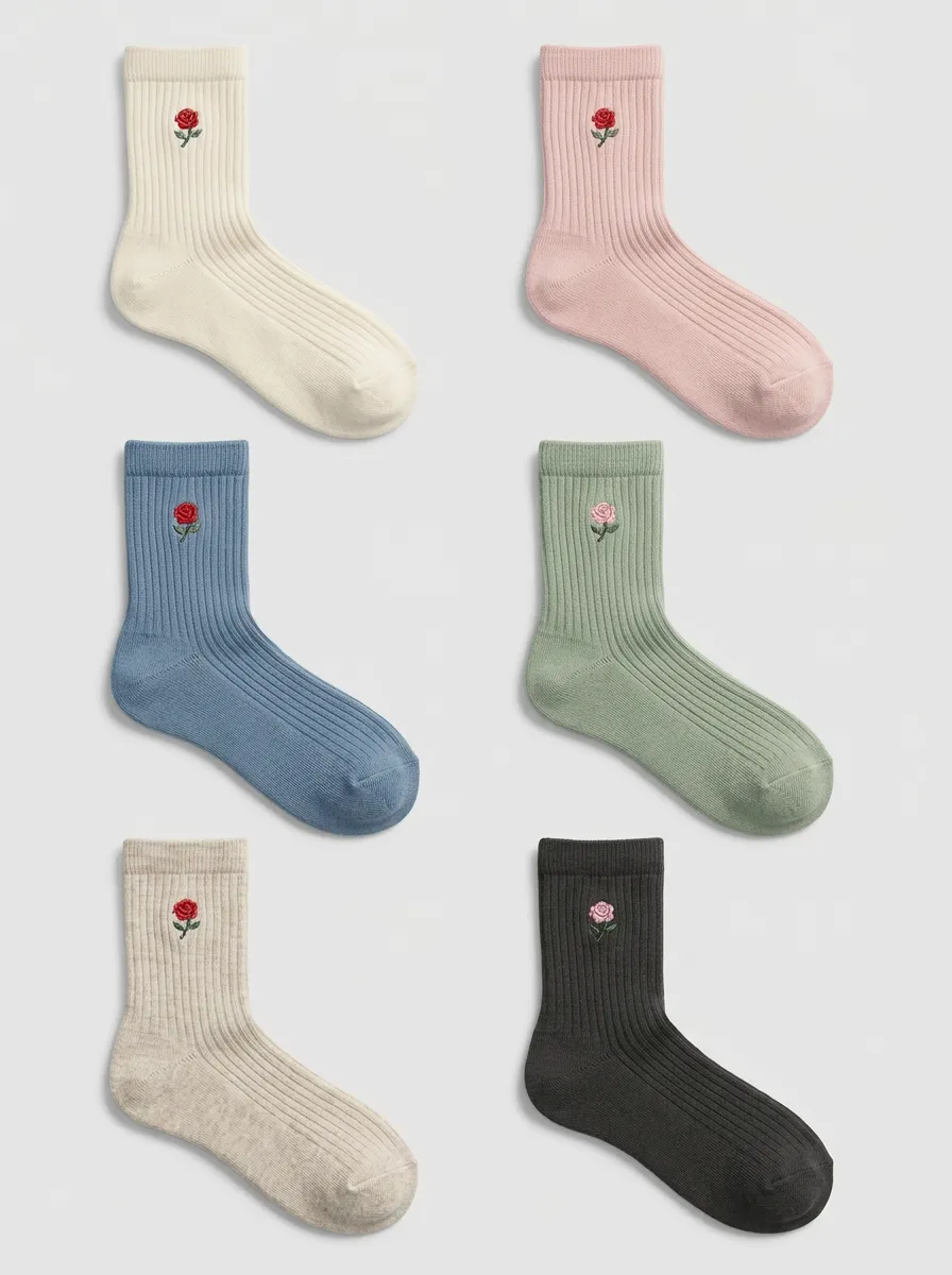 Women's Floral Rose Embroidered Ribbed Cotton Socks 6-Pack